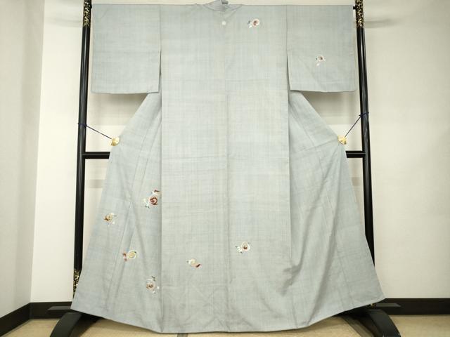 平和屋着物●訪問着　結城紬地　総刺繍　唐草文　金糸　正絹　逸品　AABJ8201ck