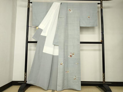 平和屋着物●訪問着　結城紬地　総刺繍　唐草文　金糸　正絹　逸品　AABJ8201ck