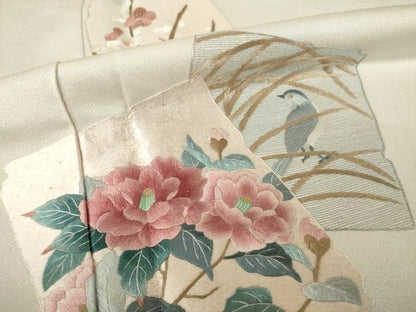 平和屋着物●訪問着　総刺繍　色紙重ね花鳥文　正絹　逸品　AABJ8209ck