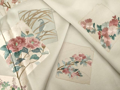 平和屋着物●訪問着　総刺繍　色紙重ね花鳥文　正絹　逸品　AABJ8209ck