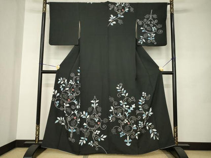 平和屋着物●訪問着　花唐草文　黒地　正絹　逸品　AABJ8224ck