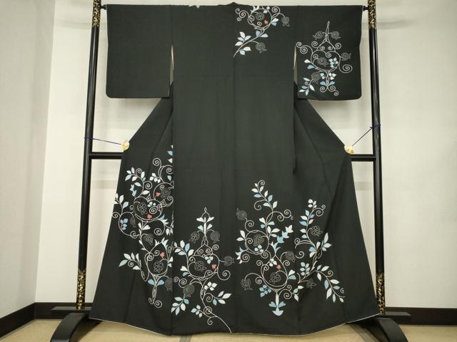 平和屋着物●訪問着　花唐草文　黒地　正絹　逸品　AABJ8224ck