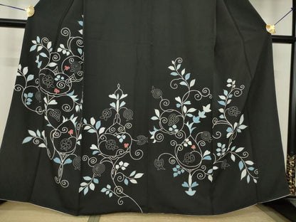 平和屋着物●訪問着　花唐草文　黒地　正絹　逸品　AABJ8224ck