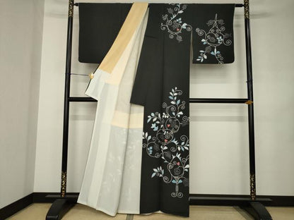 平和屋着物●訪問着　花唐草文　黒地　正絹　逸品　AABJ8224ck