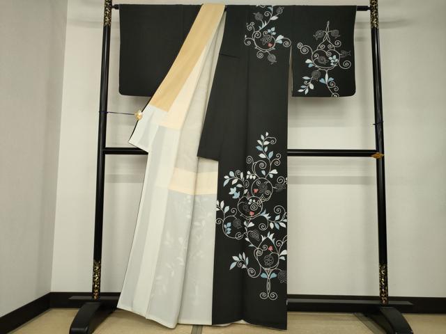 平和屋着物●訪問着　花唐草文　黒地　正絹　逸品　AABJ8224ck