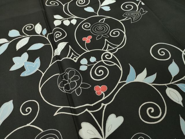 平和屋着物●訪問着　花唐草文　黒地　正絹　逸品　AABJ8224ck