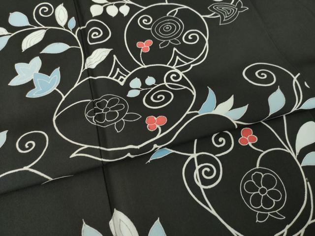 平和屋着物●訪問着　花唐草文　黒地　正絹　逸品　AABJ8224ck