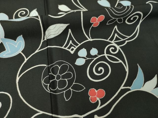 平和屋着物●訪問着　花唐草文　黒地　正絹　逸品　AABJ8224ck