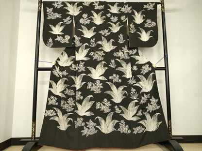 平和屋着物●上質な小紋　草花文　ろうけつ染　黒地　正絹　逸品　AABJ8225ck