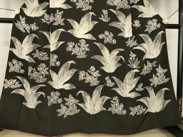 平和屋着物●上質な小紋　草花文　ろうけつ染　黒地　正絹　逸品　AABJ8225ck