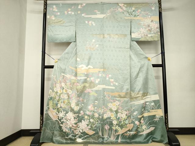 平和屋着物●訪問着　作家物　渡し舟　草花文　金彩　正絹　逸品　AABJ8229ck