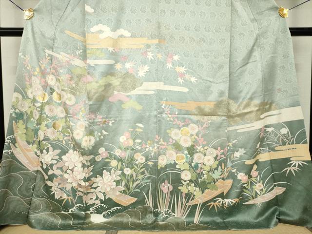 平和屋着物●訪問着　作家物　渡し舟　草花文　金彩　正絹　逸品　AABJ8229ck