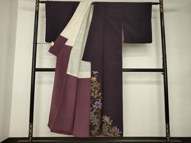 平和屋着物●アンティーク　大正ロマン　色留訪問着　お召地　菊　正絹　逸品　AABJ8237ck