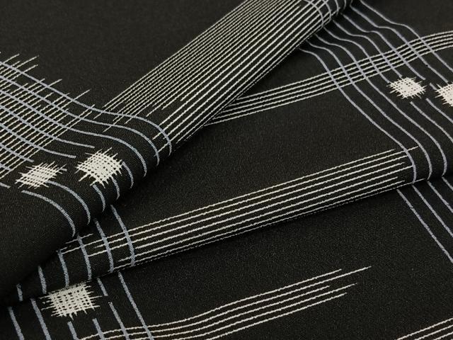 平和屋着物▽小紋　単衣　幾何学文様　黒地　洗える着物　AABJ8283jh