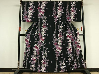 平和屋着物▽小紋　単衣　桜　黒地　洗える着物　AABJ8287jh