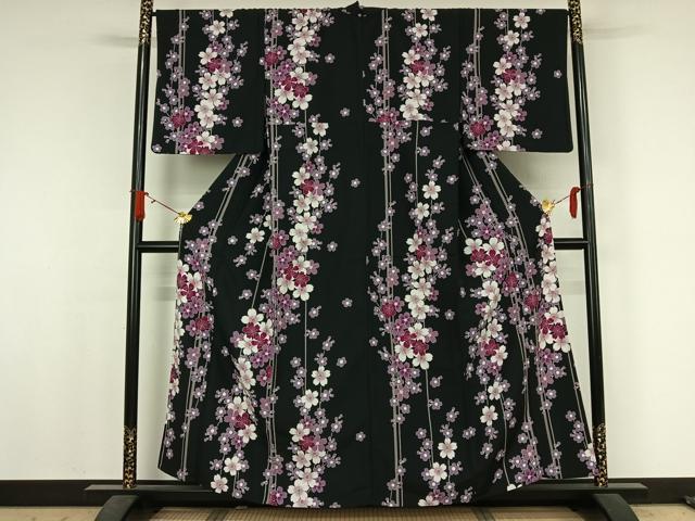平和屋着物▽小紋　単衣　桜　黒地　洗える着物　AABJ8287jh