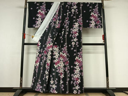 平和屋着物▽小紋　単衣　桜　黒地　洗える着物　AABJ8287jh