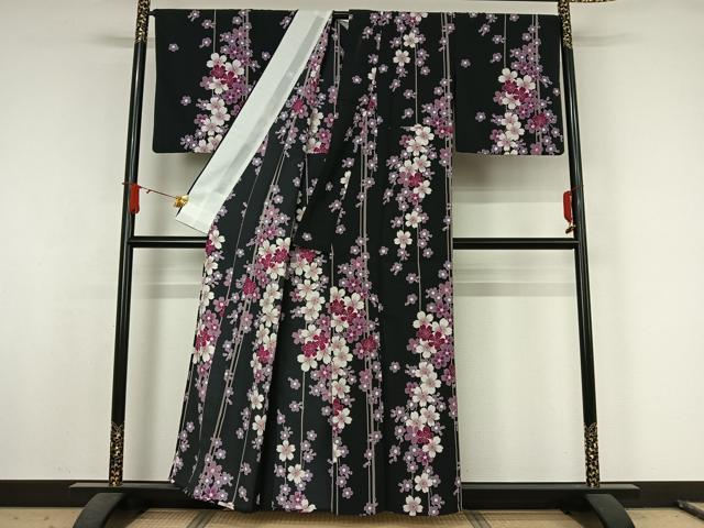 平和屋着物▽小紋　単衣　桜　黒地　洗える着物　AABJ8287jh