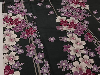 平和屋着物▽小紋　単衣　桜　黒地　洗える着物　AABJ8287jh