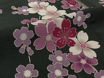 平和屋着物▽小紋　単衣　桜　黒地　洗える着物　AABJ8287jh