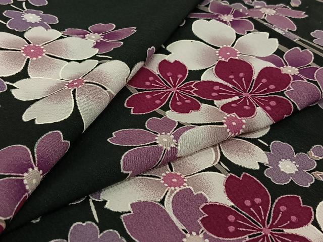 平和屋着物▽小紋　単衣　桜　黒地　洗える着物　AABJ8287jh