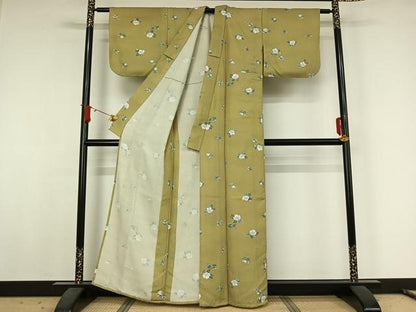 平和屋着物▽小紋　単衣　草花文　金彩　洗える着物　AABJ8288jh