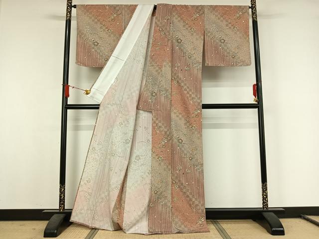 平和屋着物▽小紋　単衣　雪芝花蝶文　洗える着物　AABJ8302jh
