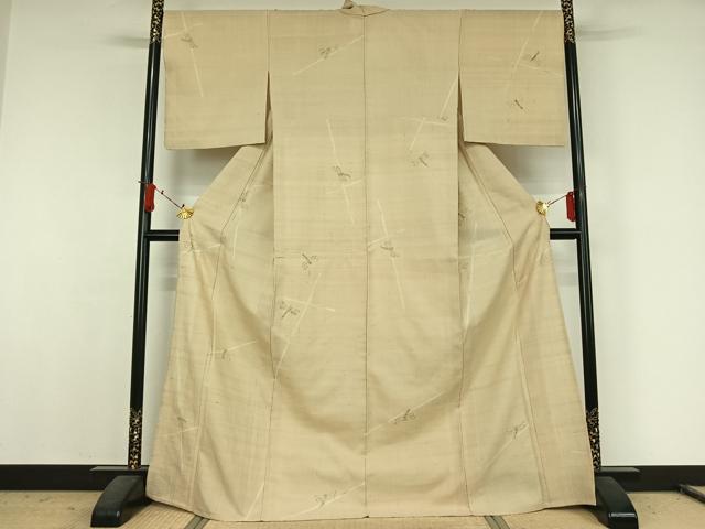 平和屋着物▽生紬　単衣　手描き　勝虫　ロング丈　正絹　逸品　AABJ8309jh