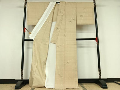 平和屋着物▽生紬　単衣　手描き　勝虫　ロング丈　正絹　逸品　AABJ8309jh
