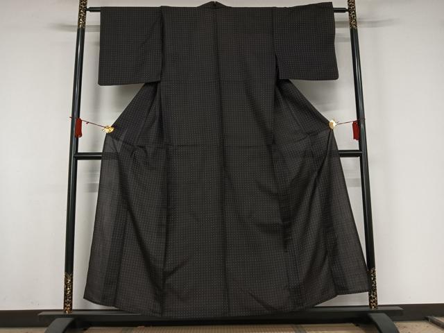 平和屋着物▽上質な紬　単衣　幾何学文様　黒地　正絹　逸品　AABJ8311jh