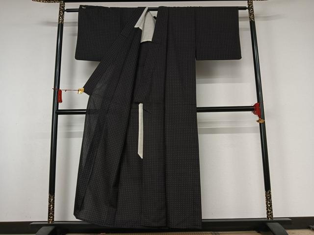 平和屋着物▽上質な紬　単衣　幾何学文様　黒地　正絹　逸品　AABJ8311jh