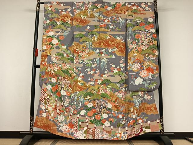 平和屋着物▽豪華振袖　単衣　駒刺繍　御所車花文　金彩　正絹　逸品　AABJ8336jh
