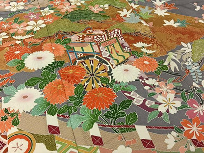 平和屋着物▽豪華振袖　単衣　駒刺繍　御所車花文　金彩　正絹　逸品　AABJ8336jh