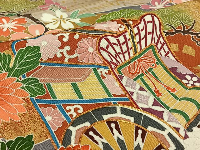 平和屋着物▽豪華振袖　単衣　駒刺繍　御所車花文　金彩　正絹　逸品　AABJ8336jh