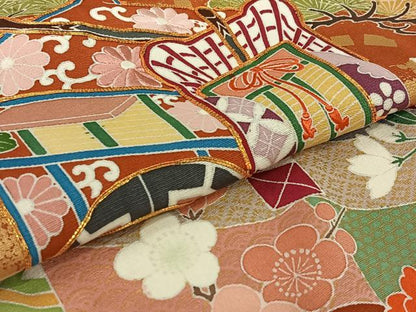 平和屋着物▽豪華振袖　単衣　駒刺繍　御所車花文　金彩　正絹　逸品　AABJ8336jh