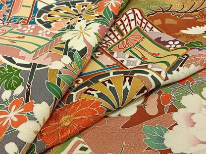 平和屋着物▽豪華振袖　単衣　駒刺繍　御所車花文　金彩　正絹　逸品　AABJ8336jh