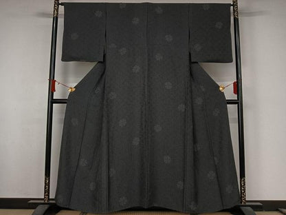 平和屋着物▽上質な小紋　単衣　鱗文　黒地　正絹　逸品　AABJ8347jh