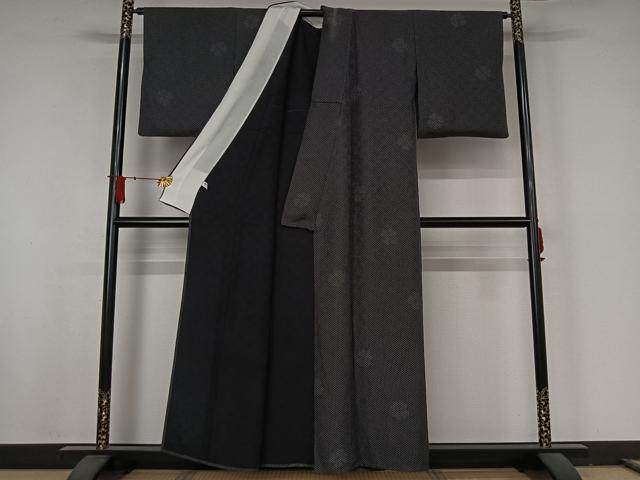 平和屋着物▽上質な小紋　単衣　鱗文　黒地　正絹　逸品　AABJ8347jh