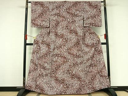 平和屋着物▽小紋　単衣　型染め　草葉文　洗える着物　未使用　AABJ8359jh