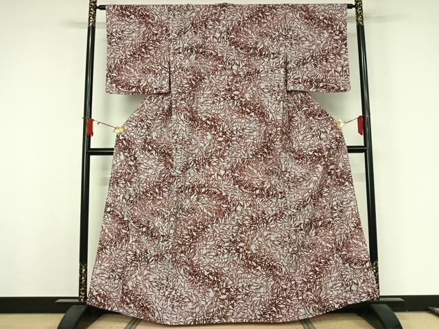 平和屋着物▽小紋　単衣　型染め　草葉文　洗える着物　未使用　AABJ8359jh