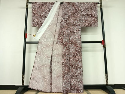 平和屋着物▽小紋　単衣　型染め　草葉文　洗える着物　未使用　AABJ8359jh