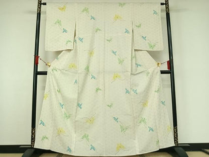 平和屋着物▽上質な小紋　単衣　お召地　舞蝶文　銀彩　正絹　逸品　AABJ8361jh