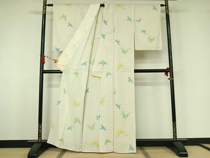 平和屋着物▽上質な小紋　単衣　お召地　舞蝶文　銀彩　正絹　逸品　AABJ8361jh