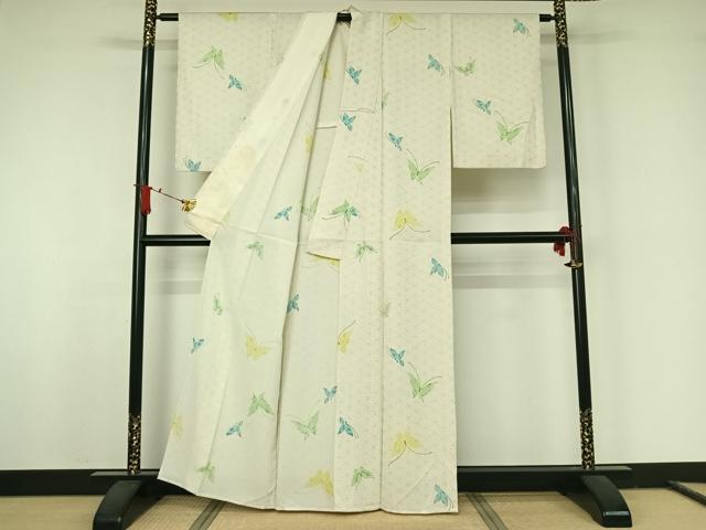 平和屋着物▽上質な小紋　単衣　お召地　舞蝶文　銀彩　正絹　逸品　AABJ8361jh