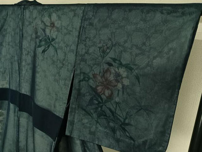 平和屋着物▽訪問着　無双　紗袷　紗×紗　手描き　草花文　正絹　逸品　AABJ8364jh