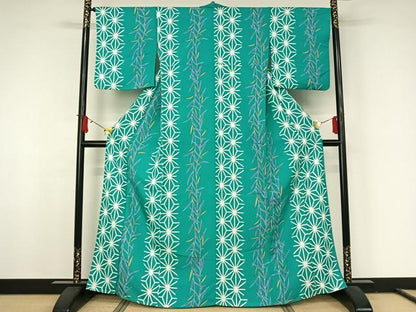 平和屋着物▽小紋　単衣　麻の葉間道　洗える着物　AABJ8367jh