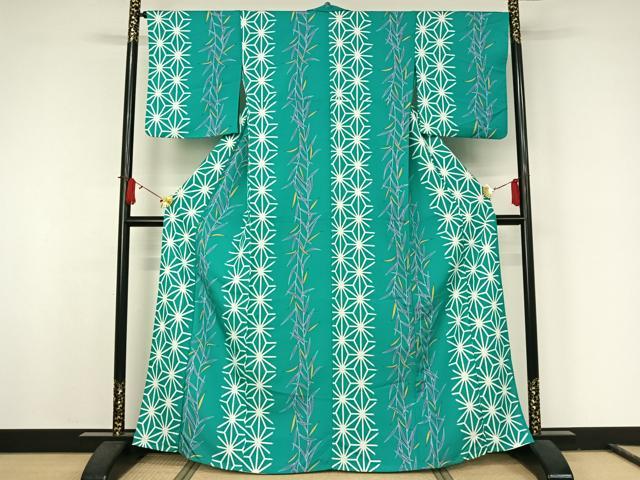 平和屋着物▽小紋　単衣　麻の葉間道　洗える着物　AABJ8367jh