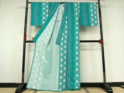 平和屋着物▽小紋　単衣　麻の葉間道　洗える着物　AABJ8367jh