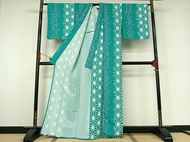 平和屋着物▽小紋　単衣　麻の葉間道　洗える着物　AABJ8367jh