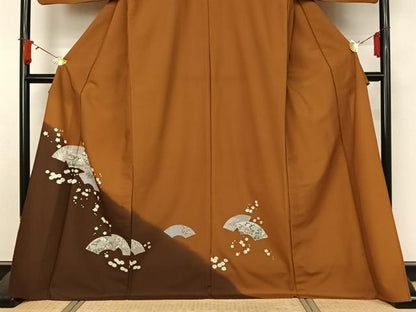 平和屋着物▽訪問着　単衣　地紙流水花文　金彩　ロング丈　洗える着物　AABJ8368jh